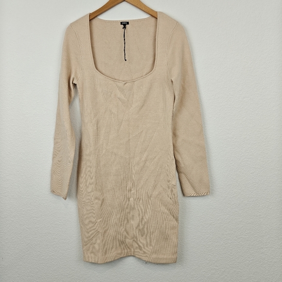 Monrow Nwot Long Sleeves Knit Bodycon Mini Dress Size Small Women's Tan - Picture 1 of 9